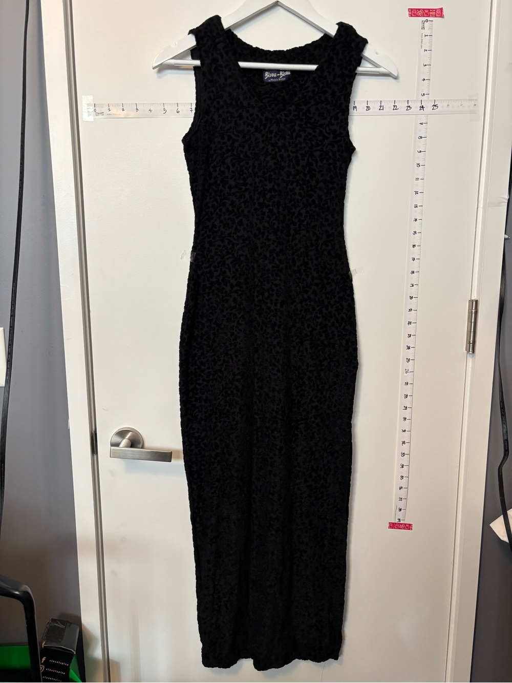 90s Vintage Bisou Bisou Black stretch velvet evening dress with high leg slit.